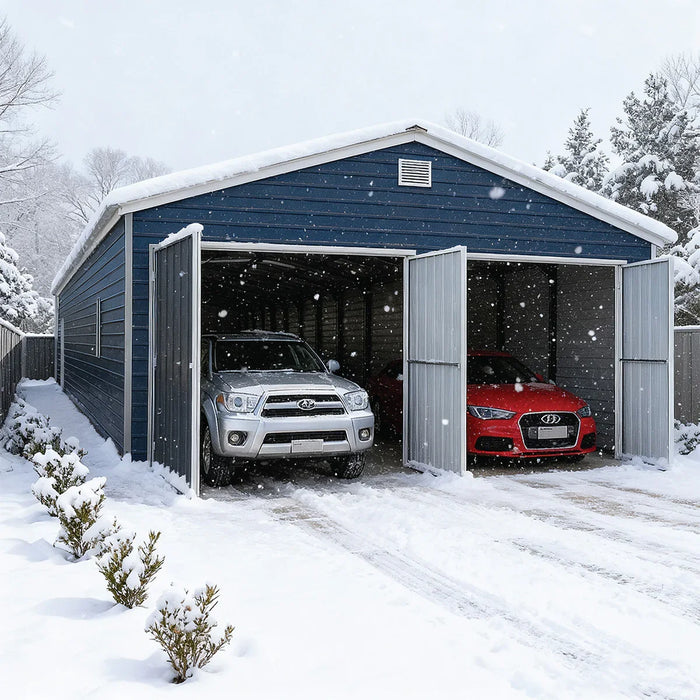 Snowy outdoor scene with open doors, two cars inside metal garage shed