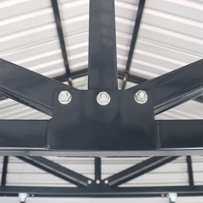 Close-up roof truss connection with bolts inside metal garage shed