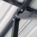 Detail of bolted roof-to-frame junction inside metal garage shed