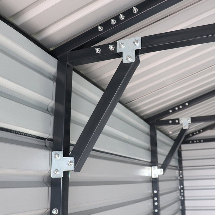 Wall support bracket and diagonal brace detail inside metal garage shed