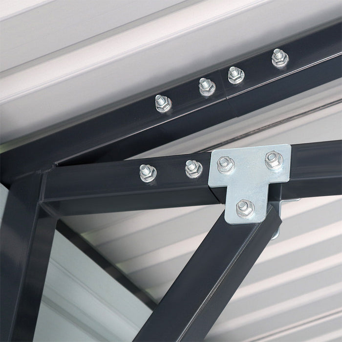 Bolted truss connector and roof panels close-up inside metal garage shed