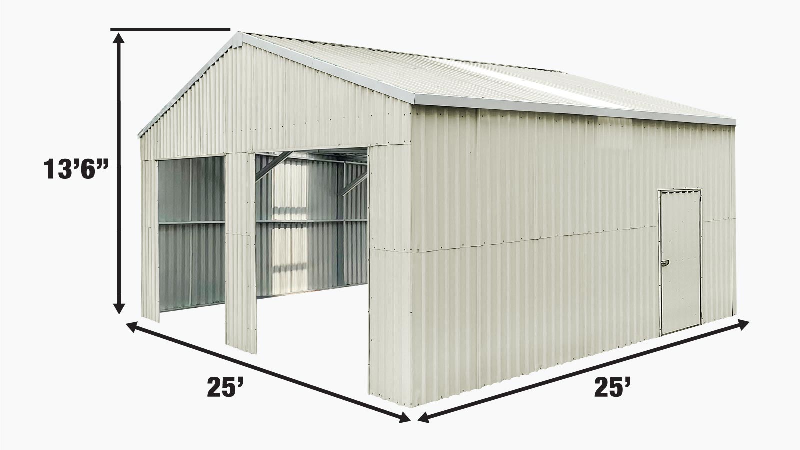 TMG Industrial 25’ x 25’ Double Garage Metal Barn Shed with Side Entry Door, 625 Sq-Ft Floor Space, 9’8” Eave Height, 27 GA Metal, Skylights, 4/12 Roof Pitch, TMG-MS2525-specifications-image