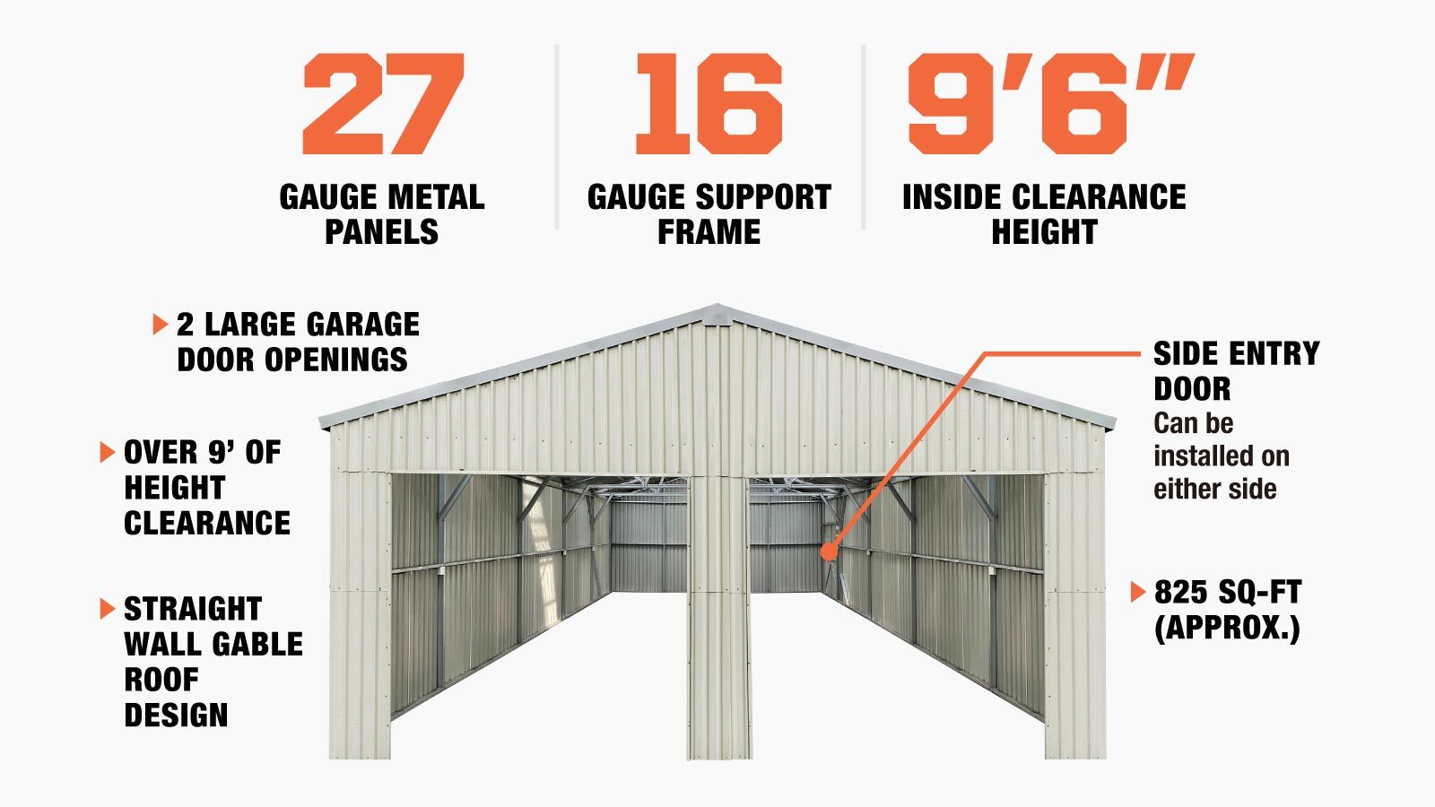 TMG Industrial 25’ x 33’ Double Garage Metal Barn Shed with Side Entry Door, 825 Sq-Ft Floor Space, 9’8” Eave Height, 27 GA Metal, Skylights, 4/12 Roof Pitch, TMG-MS2533-description-image