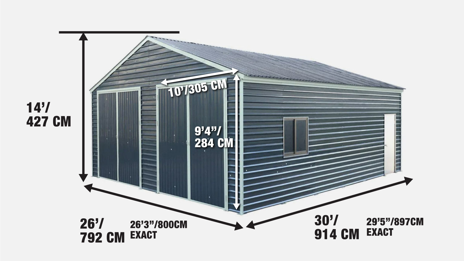 26’ x 30’ Metal Garage Shed, 9’ High Double Front Doors, 14’ Peak, 780 Sq-Ft TMG-MS2630-specifications-image
