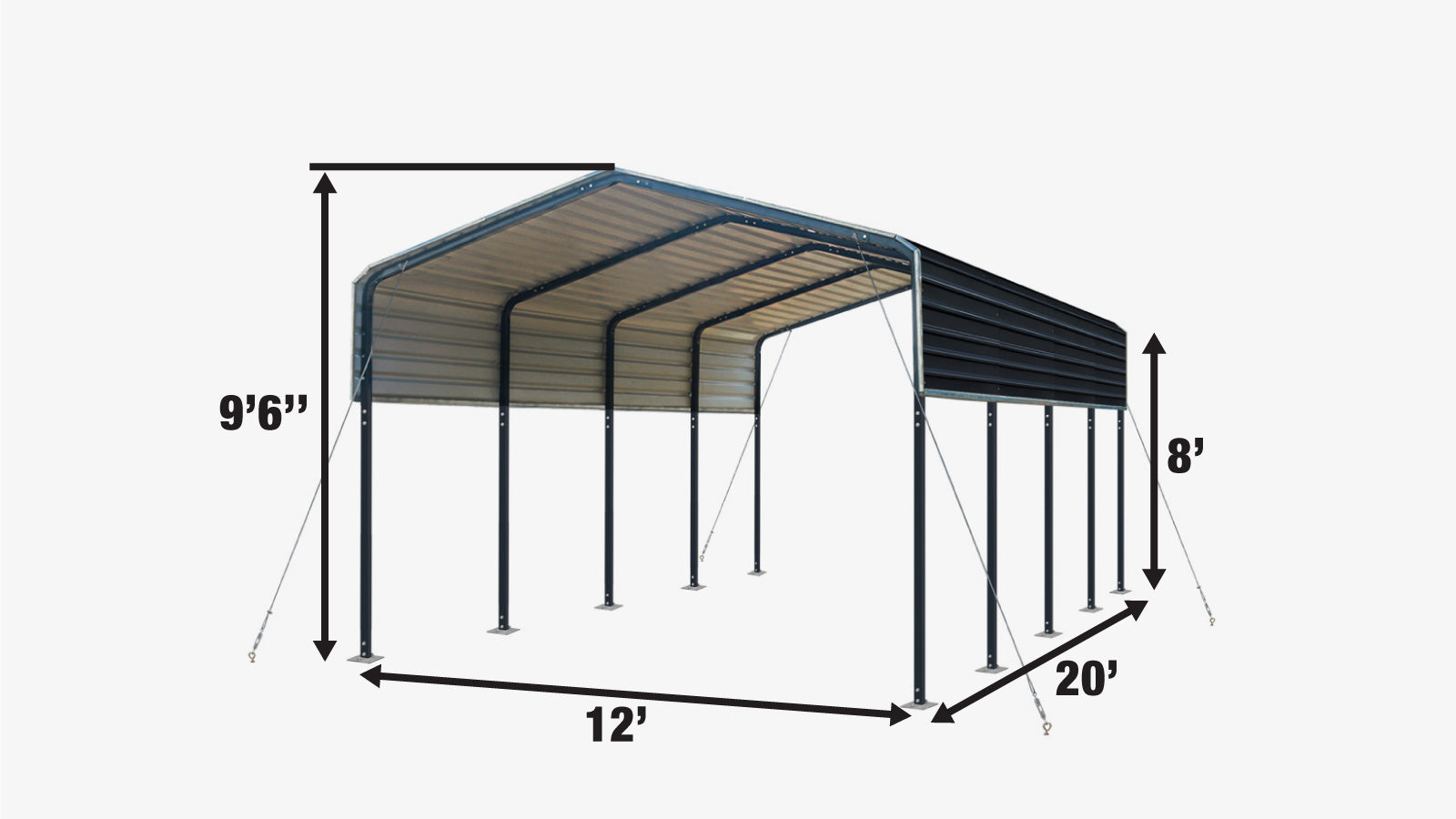 TMG Industrial 12’ x 20’ Metal Shed Carport with 8’ Open Sidewalls, TMG-MSC1220-specifications-image