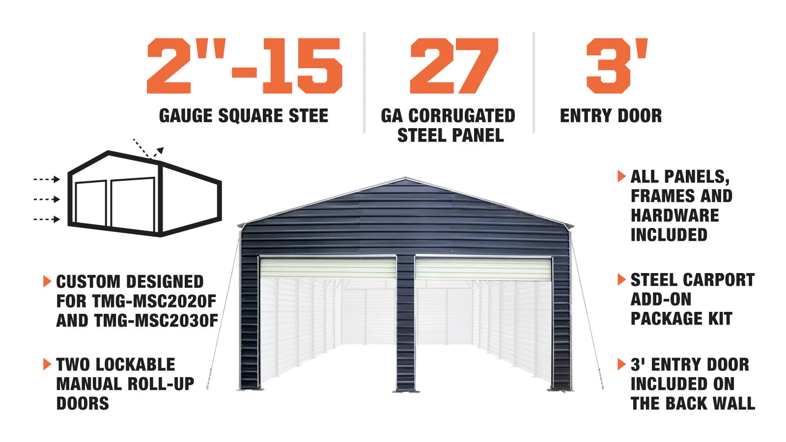TMG Industrial Metal Shed Carport Add-On Package Kit For TMG-MSC2020F And TMG-MSC2030F , Front Wall w/Roll Up Doors & Back Wall, TMG-MSC20-RD12-description-image