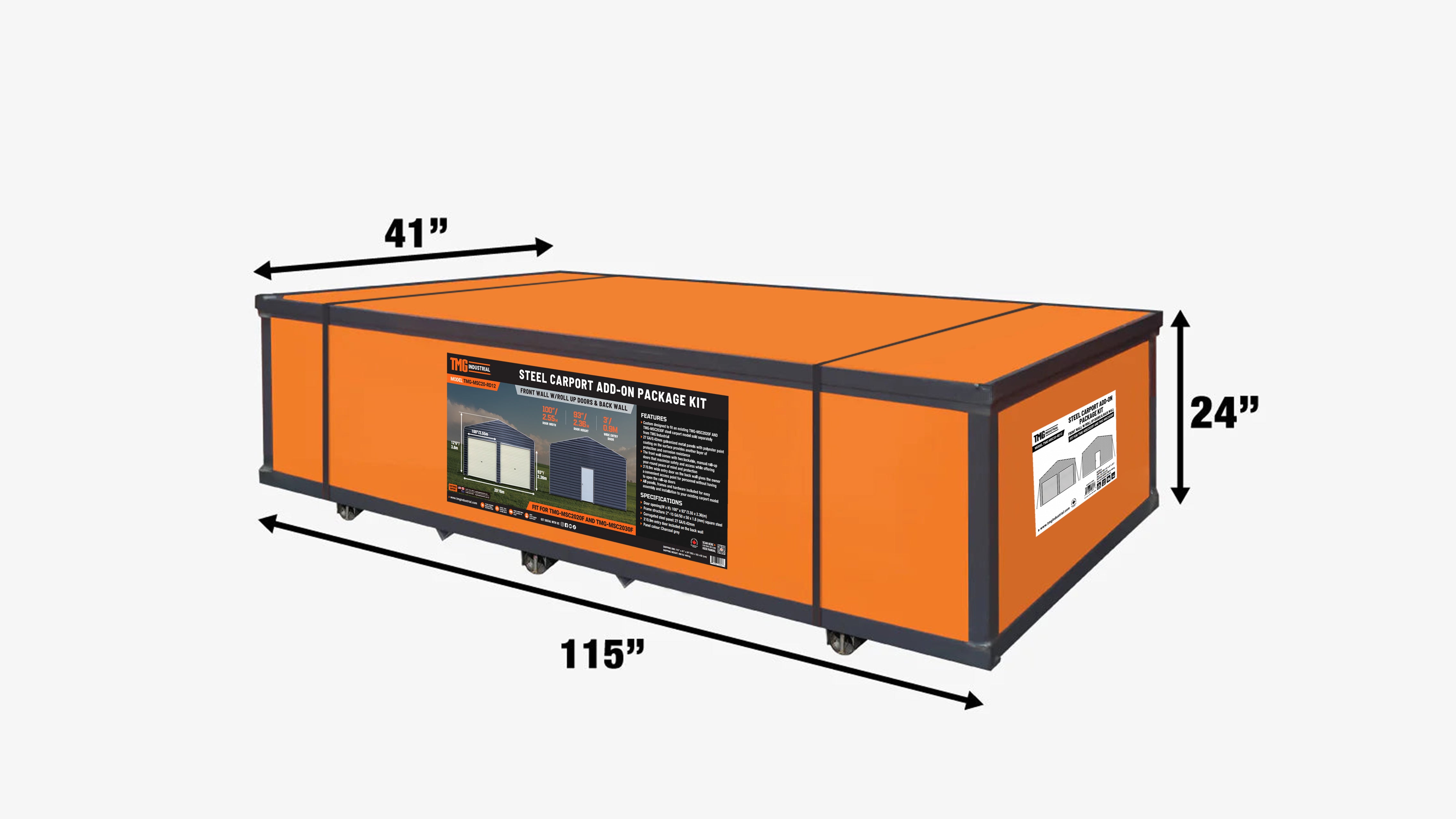 Metal Shed Carport Add-On Package Kit For TMG-MSC2020F And TMG-MSC2030F , Front Wall w/Roll Up Doors & Back Wall, TMG-MSC20-RD12-shipping-info-image
