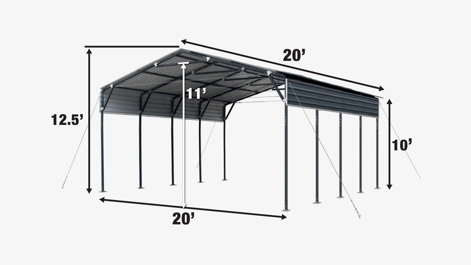 TMG Industrial 20’ x 20’ Metal Shed Carport, 10’ Open Sidewalls, 400 Sq-Ft, 27 GA Corrugated Panels, TMG-MSC2020-specifications-image