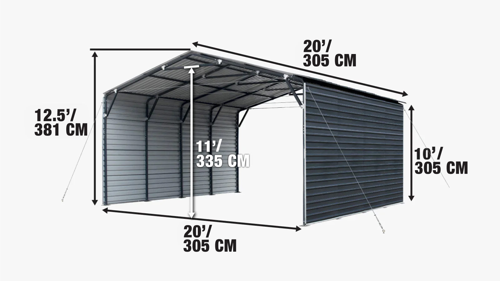 20’ x 30’ Metal Garage Shed, HCY-MS2030A 20’ x 20’ Metal Shed Carport, 10’ Enclosed Sidewalls, 400 Sq-Ft, 27 GA Corrugated Panels, TMG-MSC2020F-specifications-image