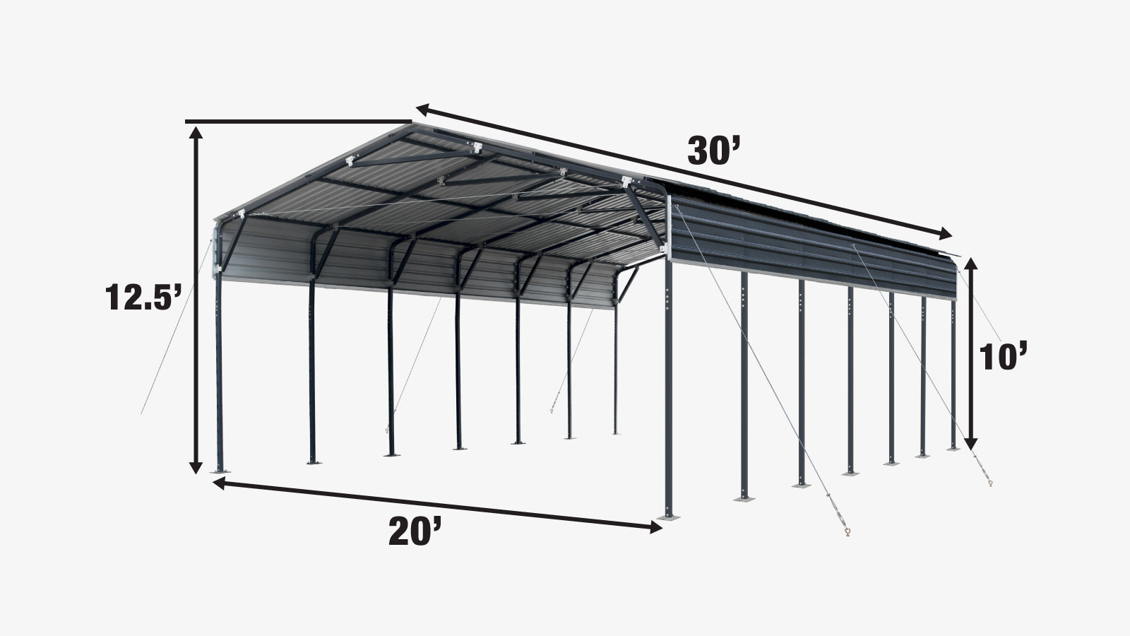 TMG Industrial 20’ x 30’ Metal Shed Carport, 10’ Open Sidewalls, 600 Sq-Ft, 27 GA Corrugated Panels, TMG-MSC2030-specifications-image