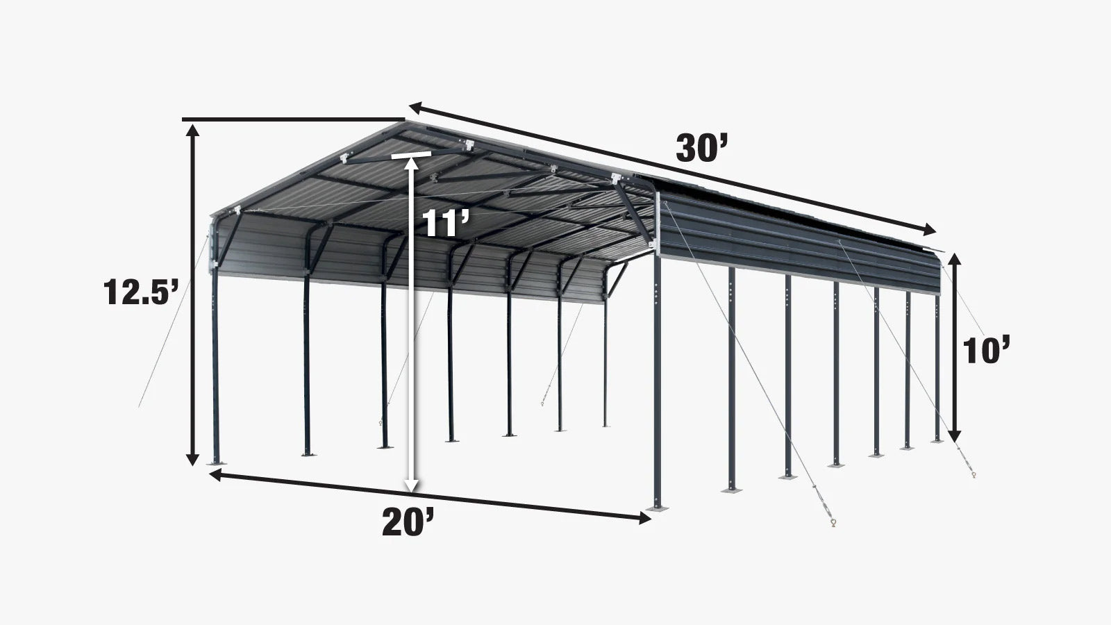 TMG Industrial 20’ x 30’ Metal Shed Carport, 10’ Open Sidewalls, 600 Sq-Ft, 27 GA Corrugated Panels, TMG-MSC2030-specifications-image