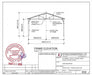 Engineering frame elevation drawing with dimensions and stamp, metal garage shed