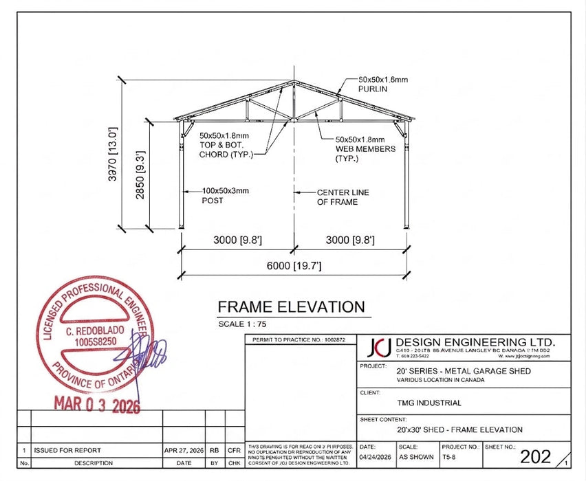 Engineering frame elevation drawing and stamp for metal garage shed