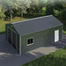 Aerial perspective render of metal garage shed showing roof, doors, and window.