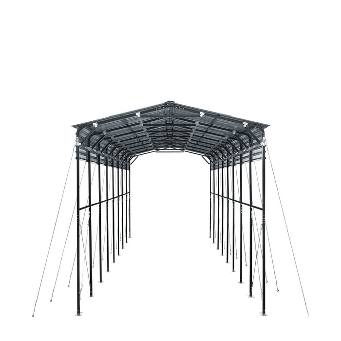 Straight-on studio view revealing interior framework and support rows of metal shed shelter.