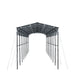 Straight-on studio view revealing interior framework and support rows of metal shed shelter.