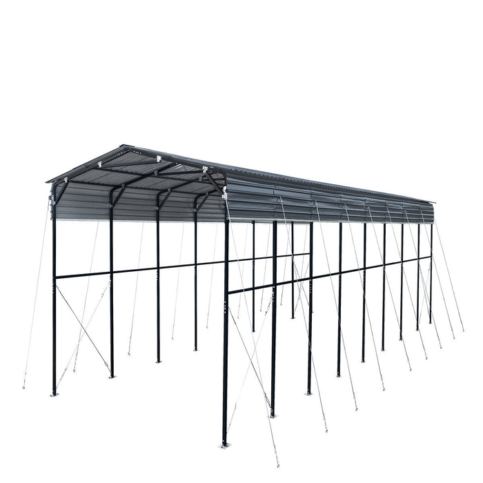 Angled studio view of metal shed shelter showing frame, roof, guy-wires.