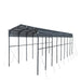 Angled studio view of metal shed shelter showing frame, roof, guy-wires.