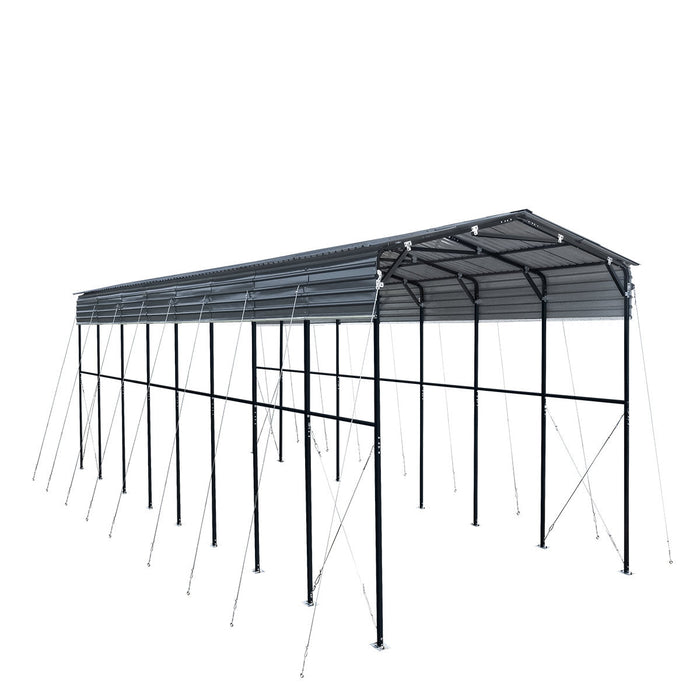 Side perspective showing long roofline, open sidewalls, and support columns of metal shed shelter.