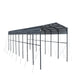 Side perspective showing long roofline, open sidewalls, and support columns of metal shed shelter.
