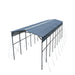 Top three-quarter view showing corrugated roof and anchored supports of metal shed shelter.