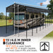 Outdoor view with arrows illustrating inner clearance and length for metal shed shelter.