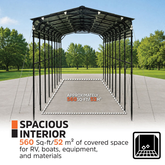 Frontal interior perspective showing spacious covered area of the metal shed shelter.