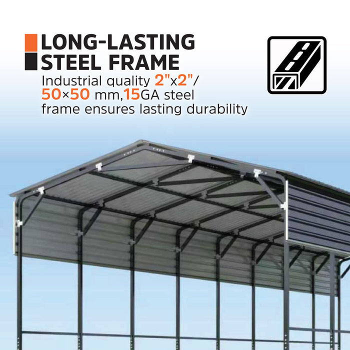 Close-up of roof and steel frame highlighting construction of metal shed shelter.