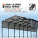 Close-up of roof and steel frame highlighting construction of metal shed shelter.