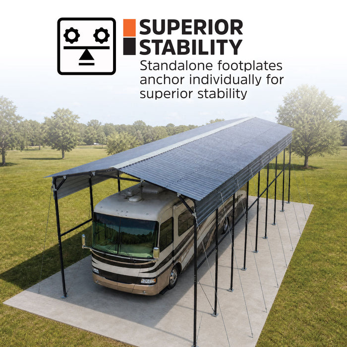 Aerial view emphasizing standalone footplates and anchored supports on metal shed shelter.