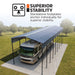 Aerial view emphasizing standalone footplates and anchored supports on metal shed shelter.