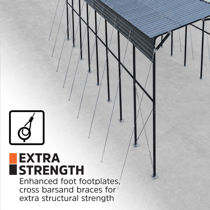 Overhead angle highlighting footplates, cross braces, and guy wires on metal shed shelter.