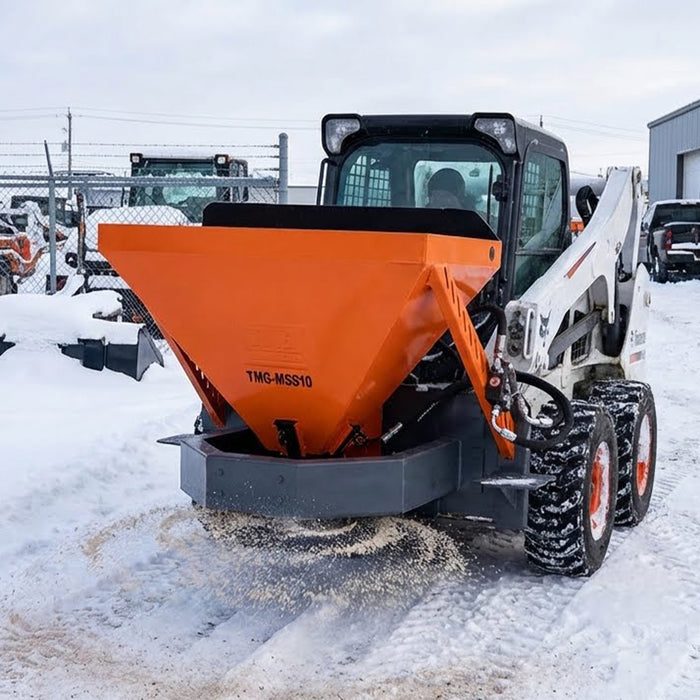 Skid Steer Tilt-N-Scoop Material Spreader, 10 Cu-Ft Capacity, 30’ Wide Spread Range, Snow salt spreader,6.5-12 GPM Flow Rate, Sidewalk Skirt, Universal Mount, TMG-MSS10