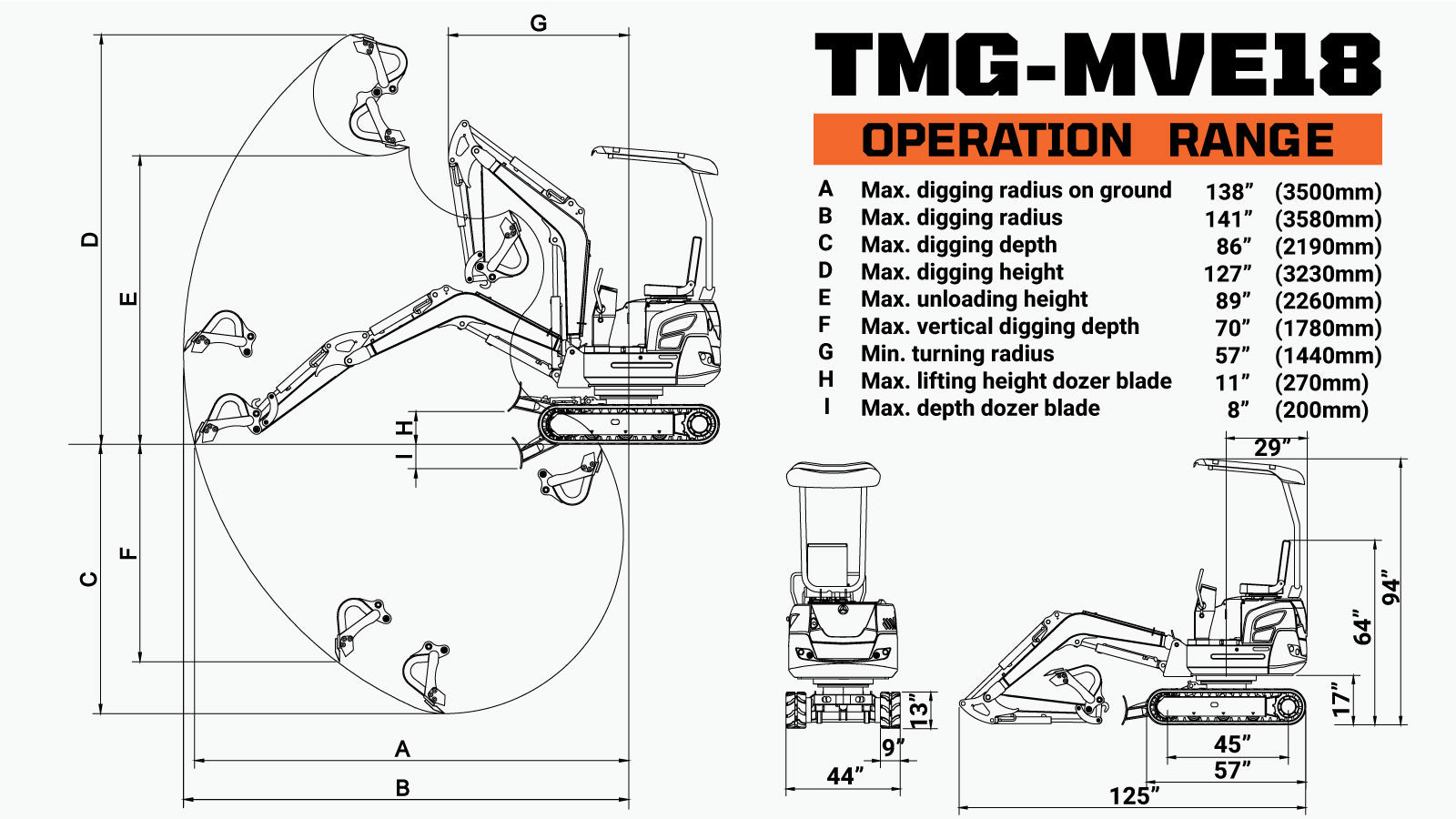 TMG Industrial 1800 KG Mini Compact Excavator, 16 HP Kubota Diesel, KDK Pump, Eaton Motor, 85” Digging Depth, Joystick Control, TMG-MVE18-specifications-image