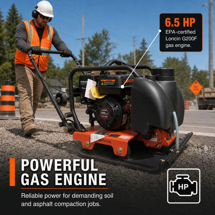4,450 lb Forward Vibratory Plate Compactor with 6.5 HP Gas Engine, 12 in. Compaction Depth and Water Tank TMG-PCF140L