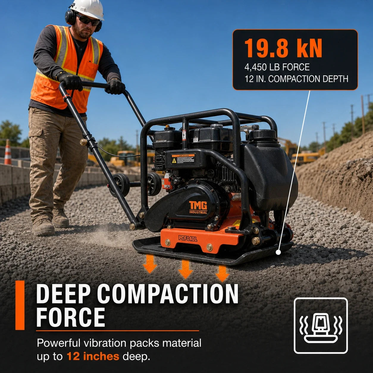 4,450 lb Forward Vibratory Plate Compactor with 6.5 HP Gas Engine, 12 in. Compaction Depth and Water Tank TMG-PCF140L