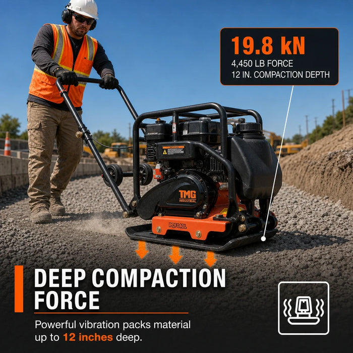 4,450 lb Forward Vibratory Plate Compactor with 6.5 HP Gas Engine, 12 in. Compaction Depth and Water Tank TMG-PCF140L