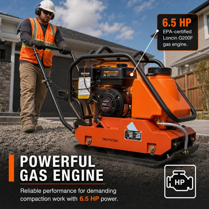 4450-lb Forward Vibratory Plate Compactor with 6.5 HP Gas Engine, 14 Inch Compaction Depth and Water Tank TMG-PCF180L