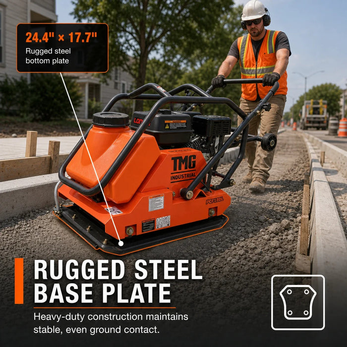4450-lb Forward Vibratory Plate Compactor with 6.5 HP Gas Engine, 14 Inch Compaction Depth and Water Tank TMG-PCF180L