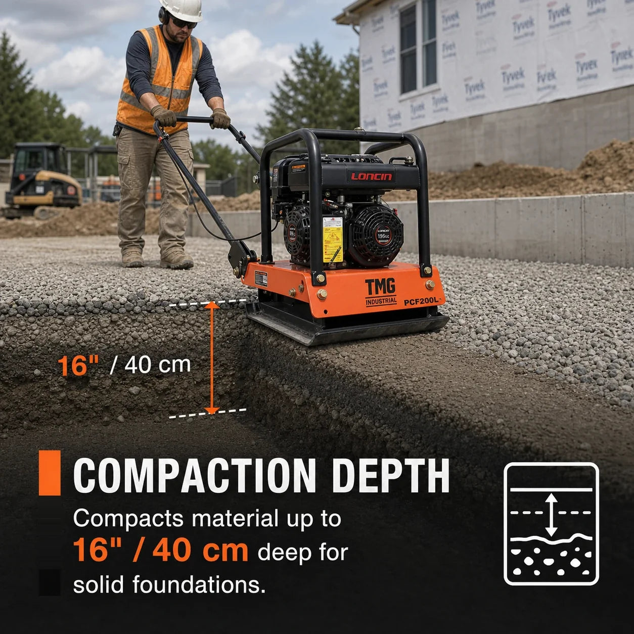 4500-lb Forward Vibratory Plate Compactor with 6.5 HP Gas Engine and 16 in. Compaction Depth TMG-PCF200L