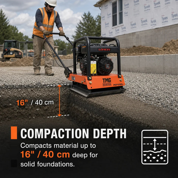 4500-lb Forward Vibratory Plate Compactor with 6.5 HP Gas Engine and 16 in. Compaction Depth TMG-PCF200L