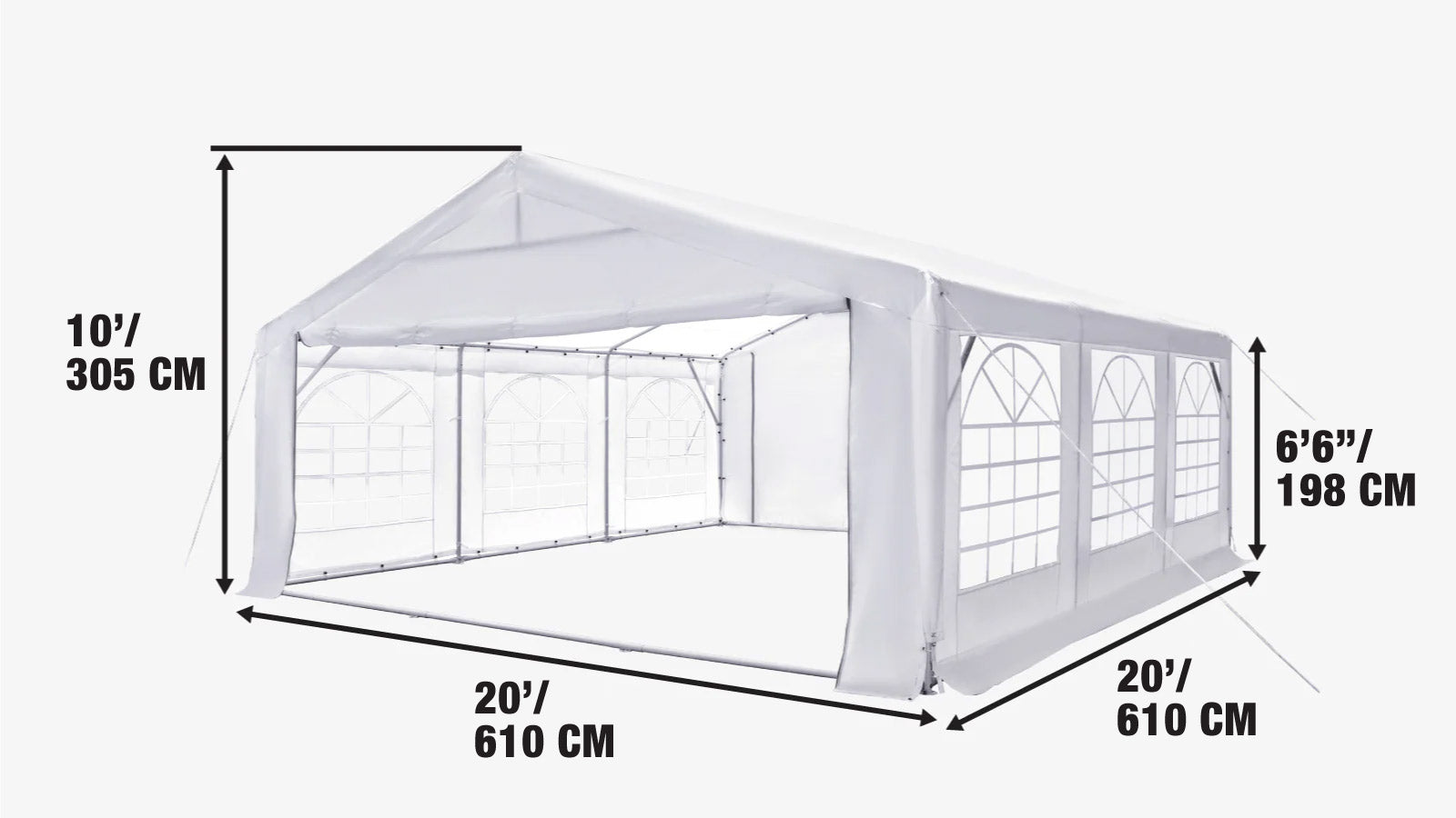 20' x 20' Heavy Duty Outdoor Party Tent with Removable Sidewalls and Roll-Up Doors, PE tarpaulin fabric, 6’6