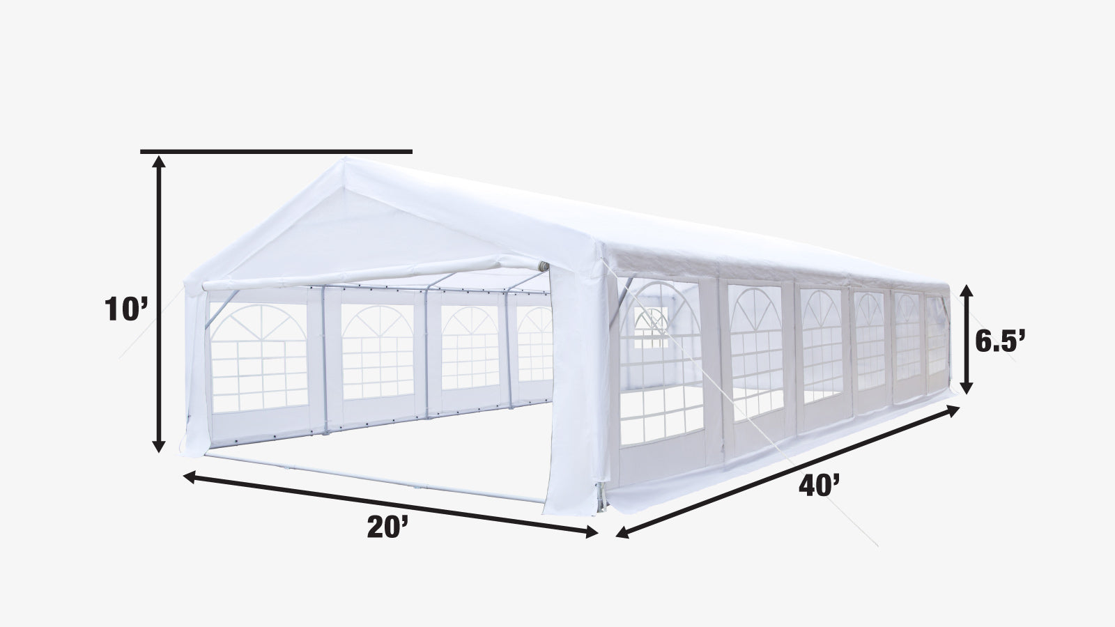 TMG Industrial 20' x 40' Heavy Duty Outdoor Party Tent with Removable Sidewalls and Roll-Up Doors, 11 oz PE Cover, 6’6” Overhead, 10’ Peak Ceiling, TMG-PT2040F-specifications-image