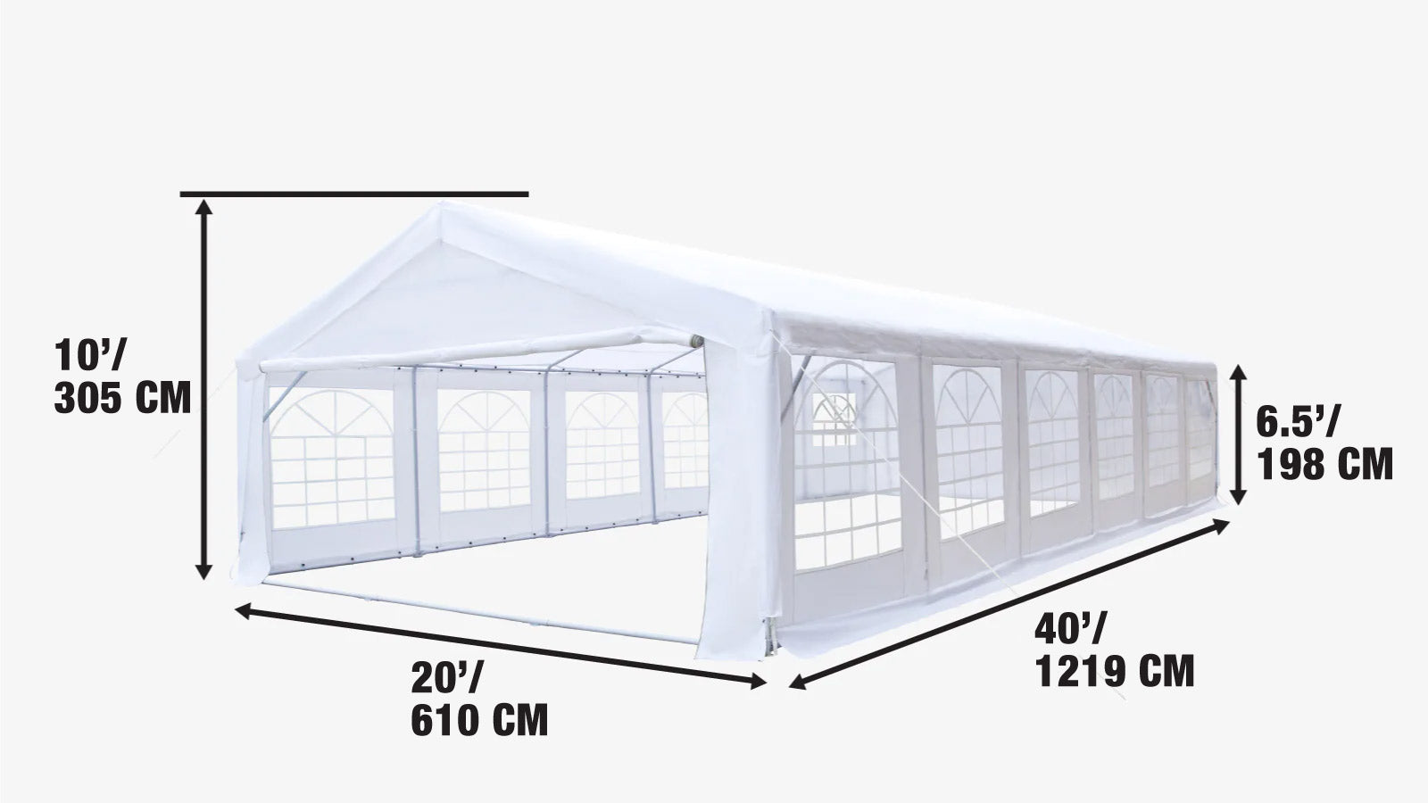 20' x 40' Heavy Duty Outdoor Party Tent with Removable Sidewalls and Roll-Up Doors, 11 oz PE Cover, 6’6