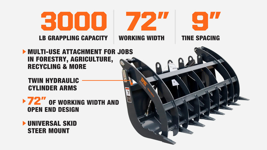 72" Skid Steer Root Rake Grapple Attachment, Universal Mount, 53" Jaw Opening, 9" Tine Spacing, 3000 lb Weight Capacity, TMG-RG72-description-image