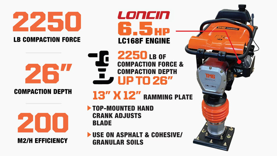 2250-lb Jumping Jack Tamping Rammer Compactor, 26" Compaction Depth, Asphalt, Cohesive & Granular Soils, TMG-RM80-description-image