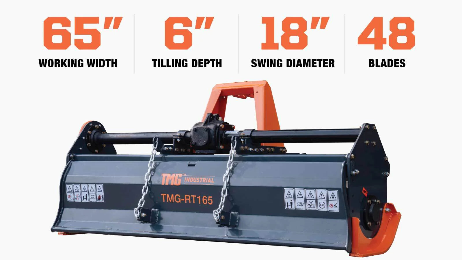 TMG Industrial 65” 3-Point Hitch Rotary Tiller, 30-50 HP Tractor, 6” Tilling Depth, PTO Shaft Included, Category 1 & 2 Hookup, TMG-RT165-description-image