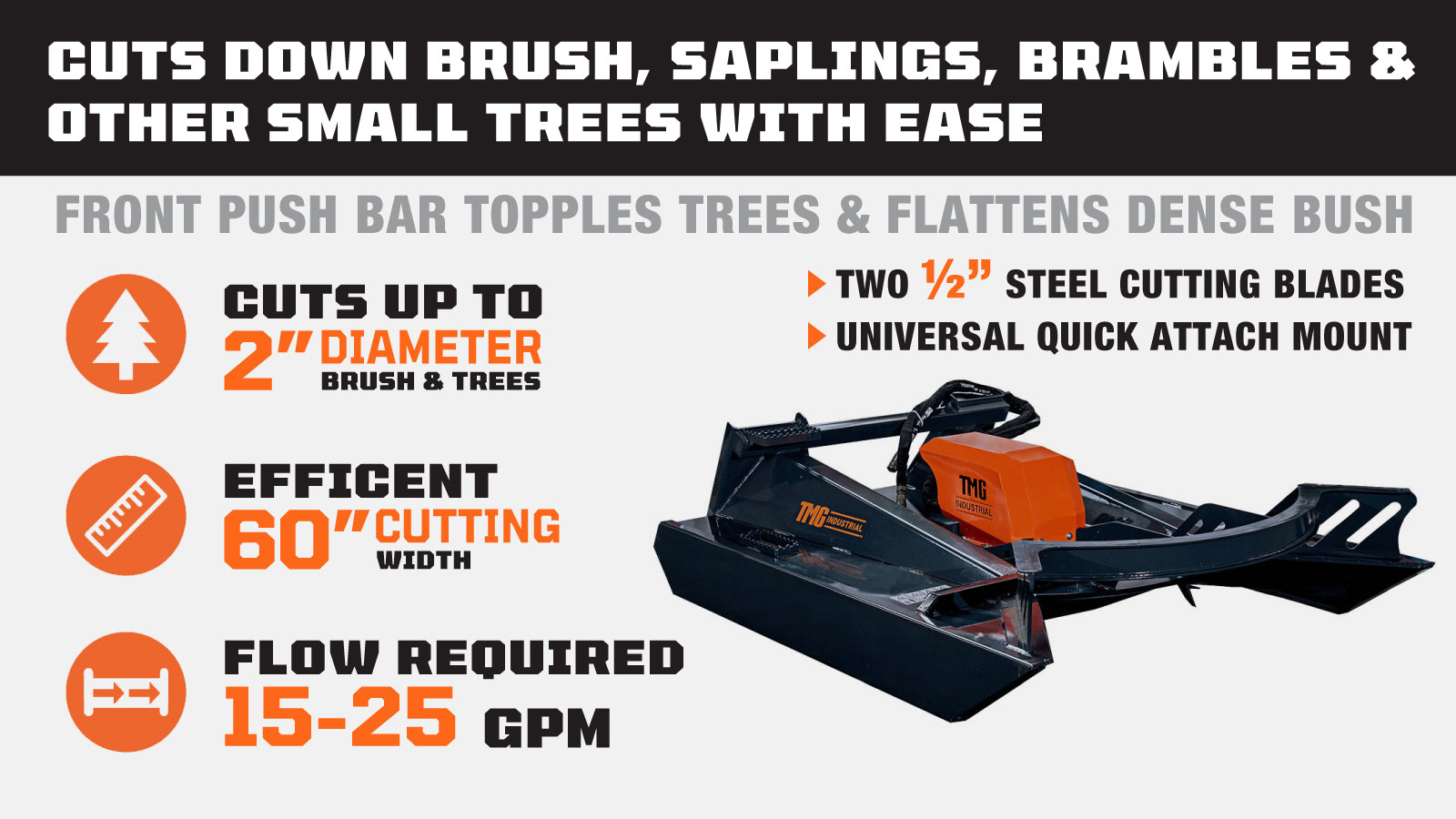 TMG Industrial Pro Series 60” Extreme Duty Open Front Skid Steer Brush Cutter, 15-25 GPM, Universal Mount, TMG-SBC60-description-image