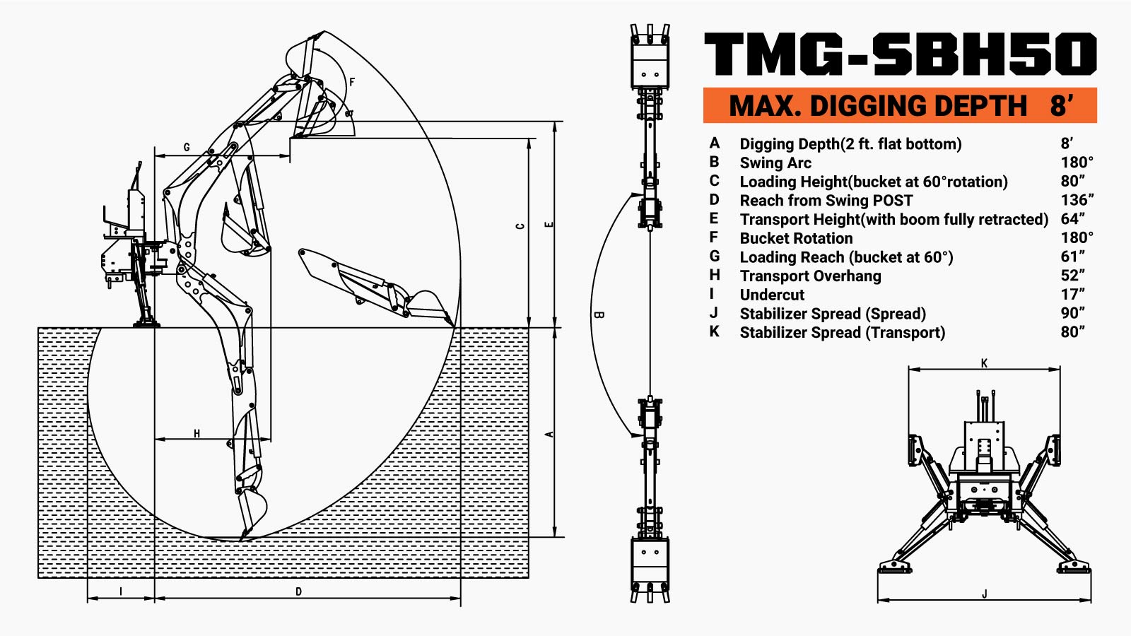 Skid Steer Swivel Backhoe Attachment (Discontinued – No Longer Available) TMG-SBH50-specifications-image