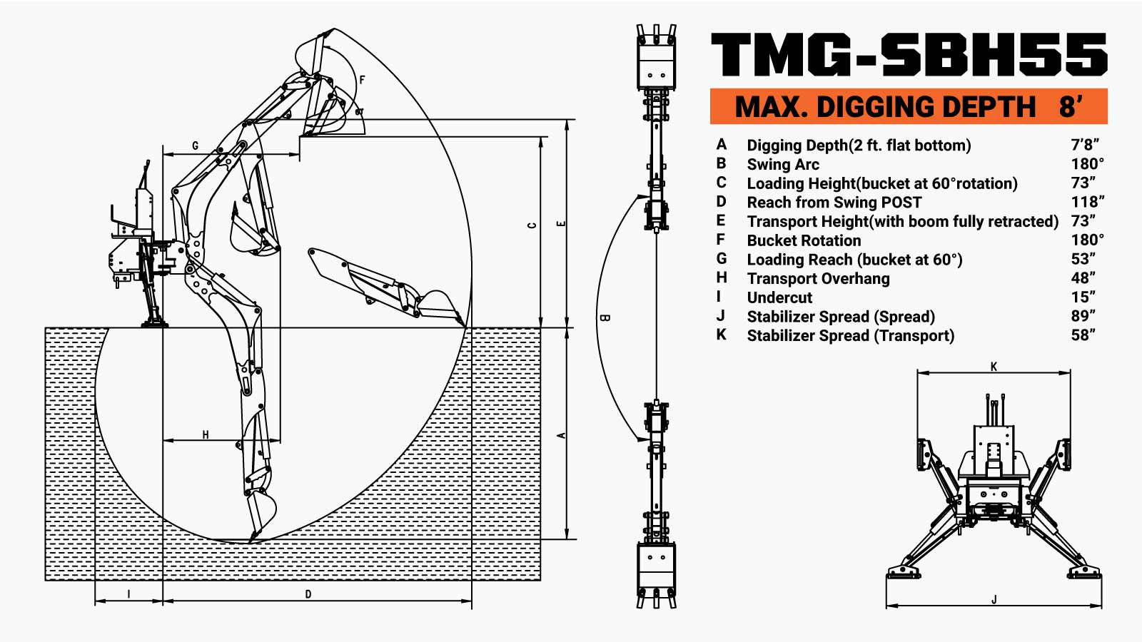 TMG Industrial 8-ft Skid Steer Swing Backhoe Attachment, 30-60 HP Skid Steers, Italian Hydraulic Control Valves, 12” Bucket, TMG-SBH55-specifications-image